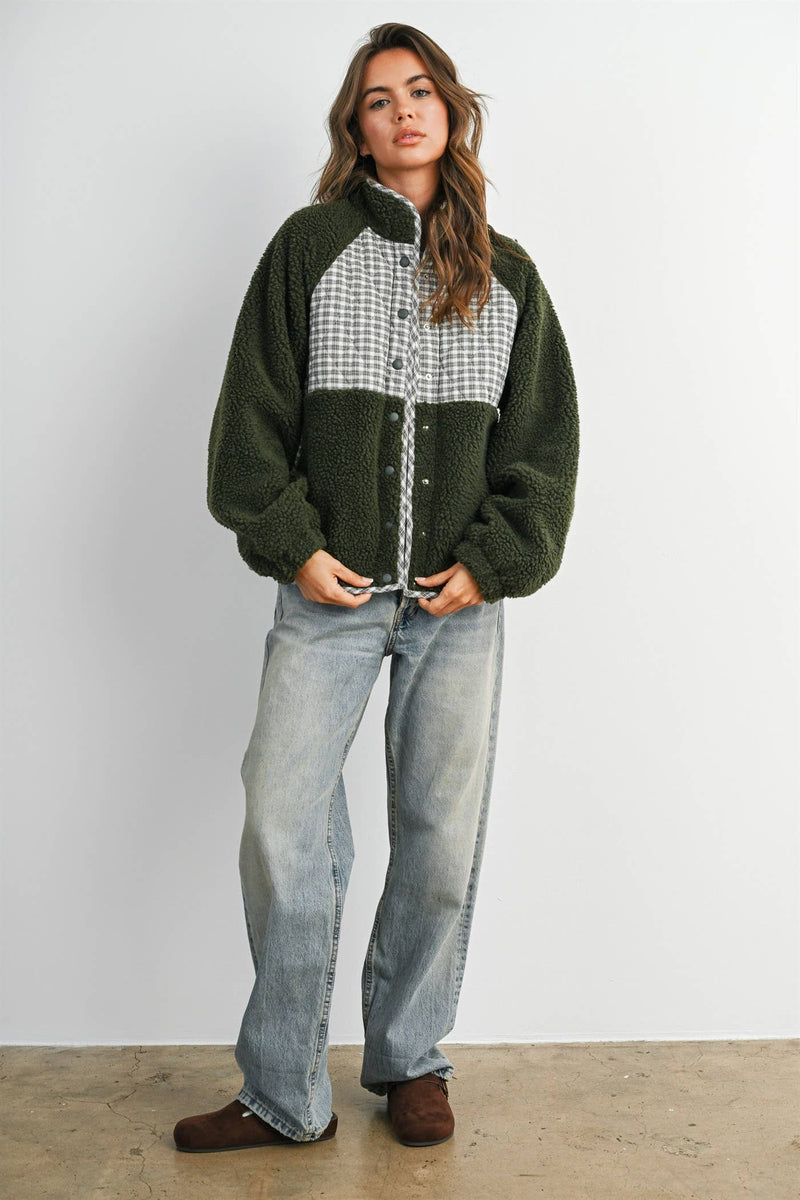 Quilted Sherpa Fleece - Olive Multi
