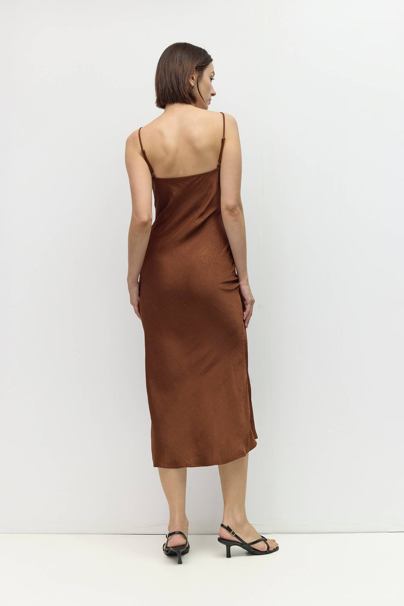The Jasmine Dress | Crinkle Satin Midi Dress - Brown