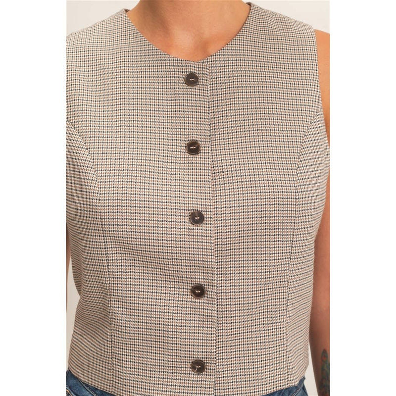Houndstooth Buttoned Vest Top - Brown