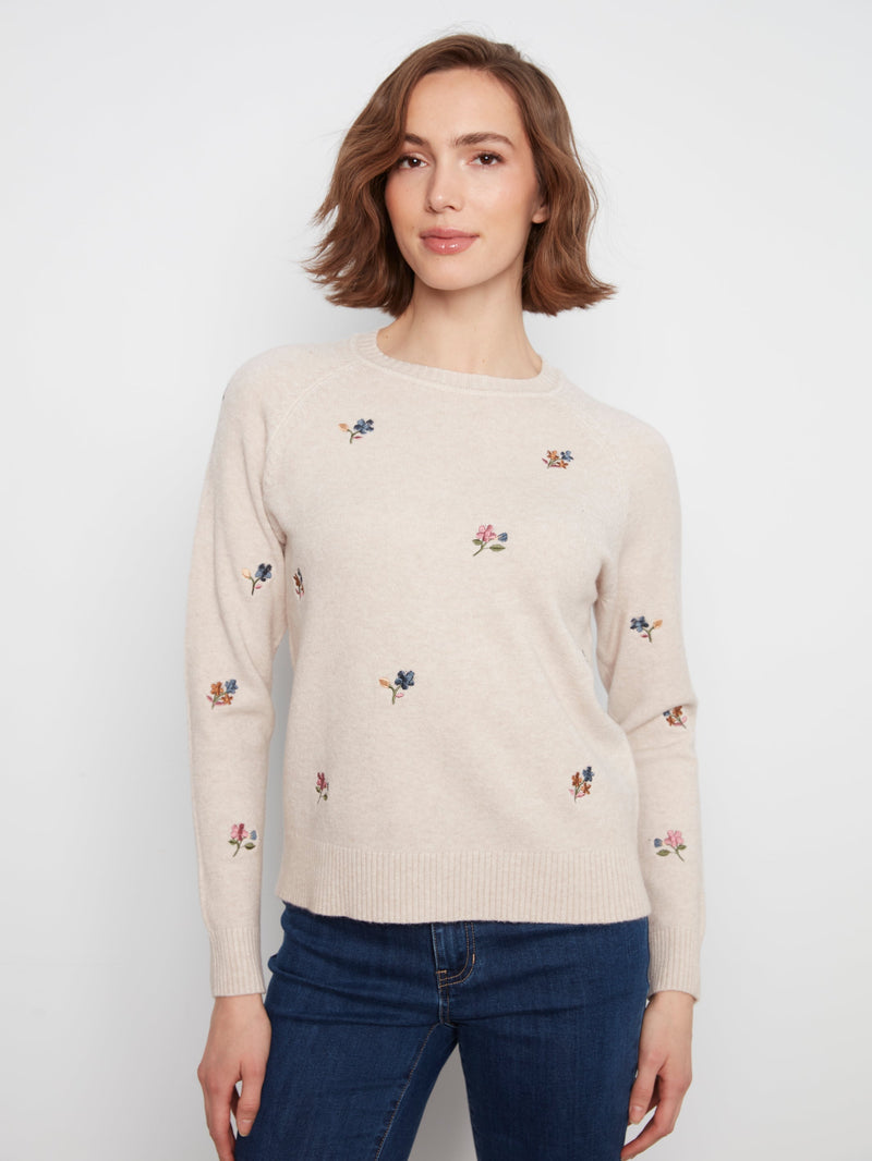 Charlie B • Embroidered Raglan Sleeve Crewneck Sweater - Almond