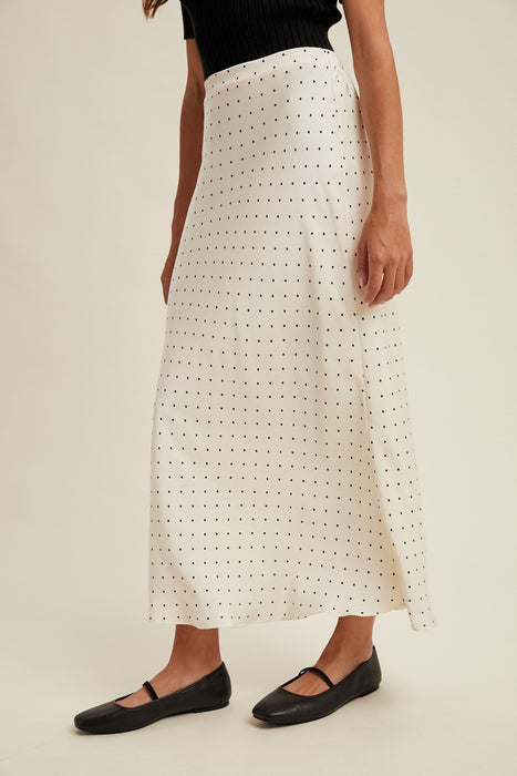 Polka Dot Satin Midi Skirt - Off White & Black