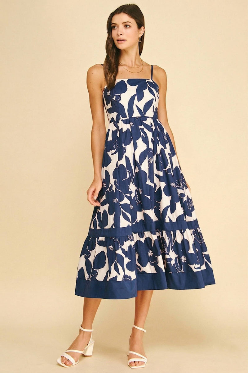 Bold Floral Tiered Midi Dress - Navy