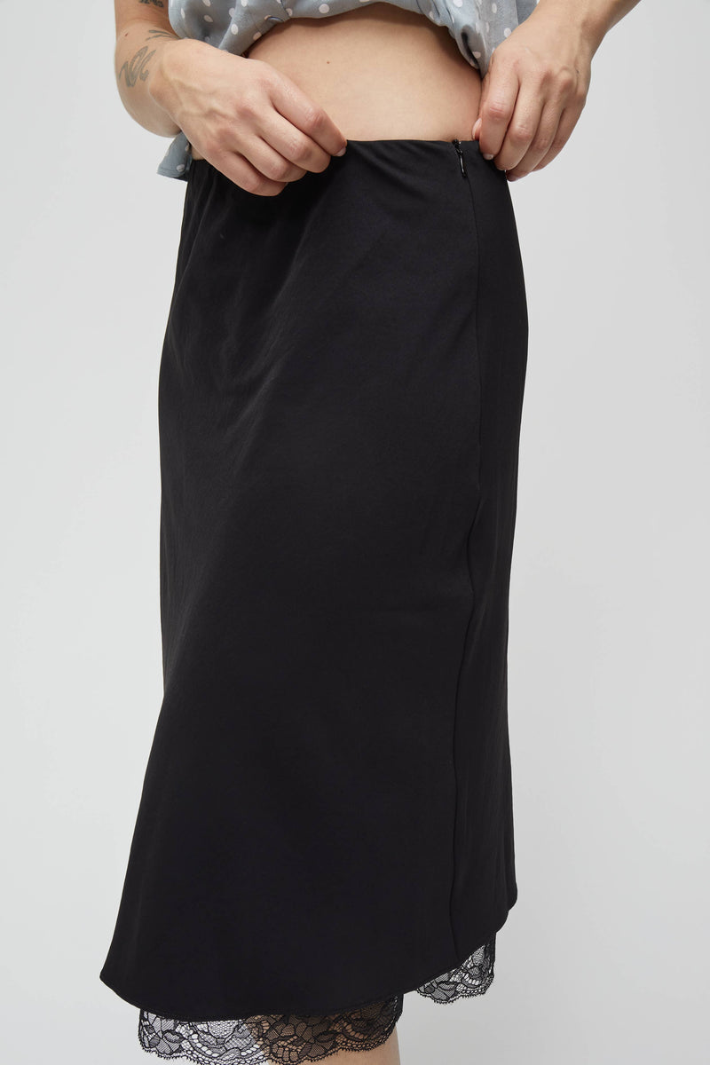 The Ruby Skirt | Satin Lace Midi Skirt - Black