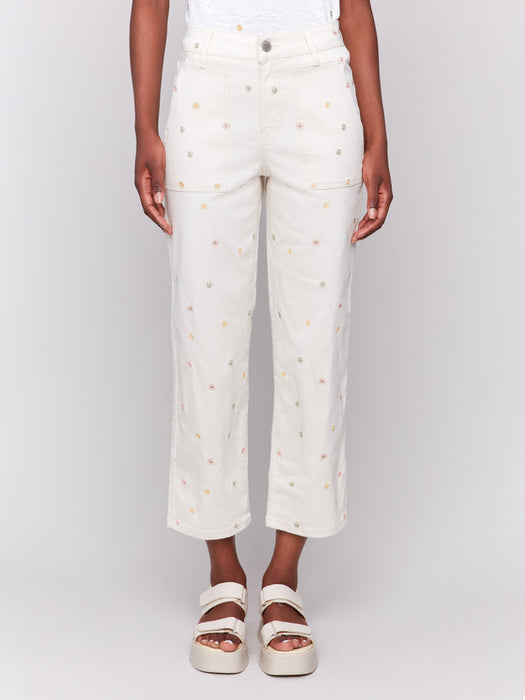Embroidered Patch Pocket Pant - Natural