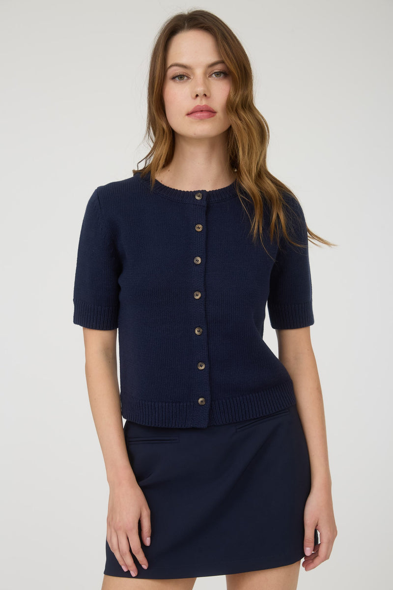 Short Sleeve Cardigan Sweater - Navy
