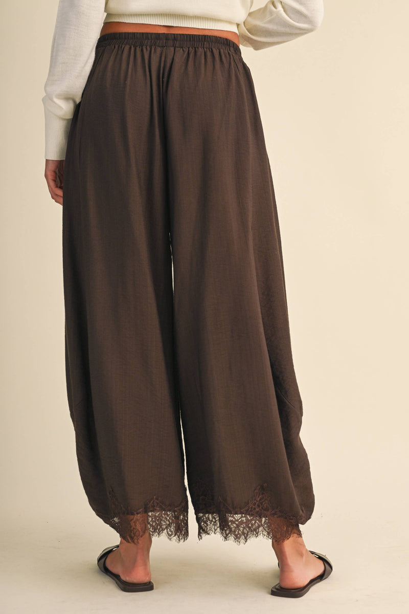 Barrel Fit Pants w/ Lace Trim Hem - Dark Brown
