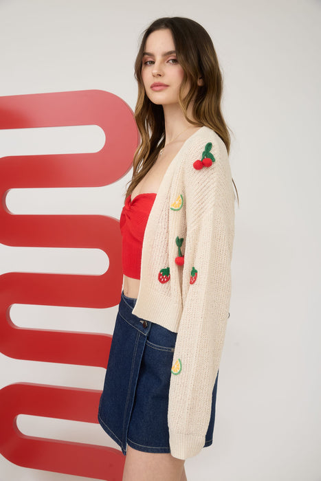 Fruit Embroidered Detail Cardigan - Cream