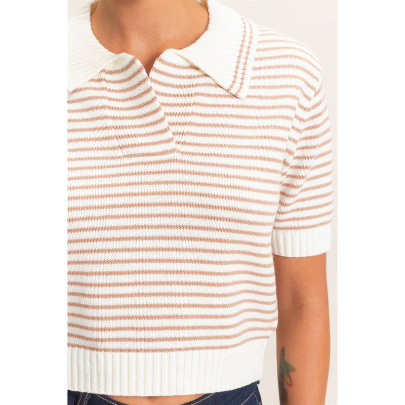Striped Short-Sleeve Collar Knit Top - Dark Taupe
