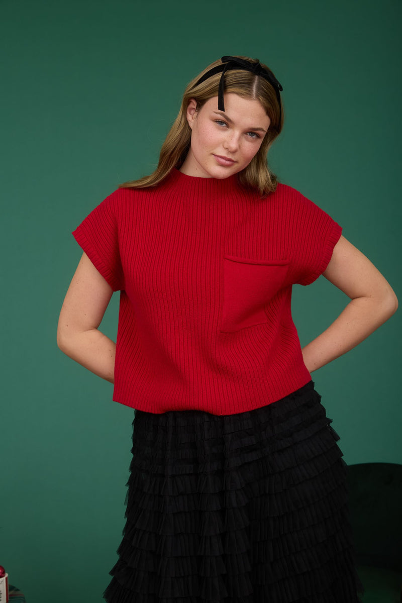 Mock Neck Pocket Detail Short Sleeve Knit Sweater - Red