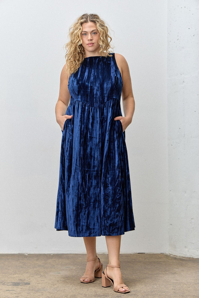 Velvet Midi Dress - Navy