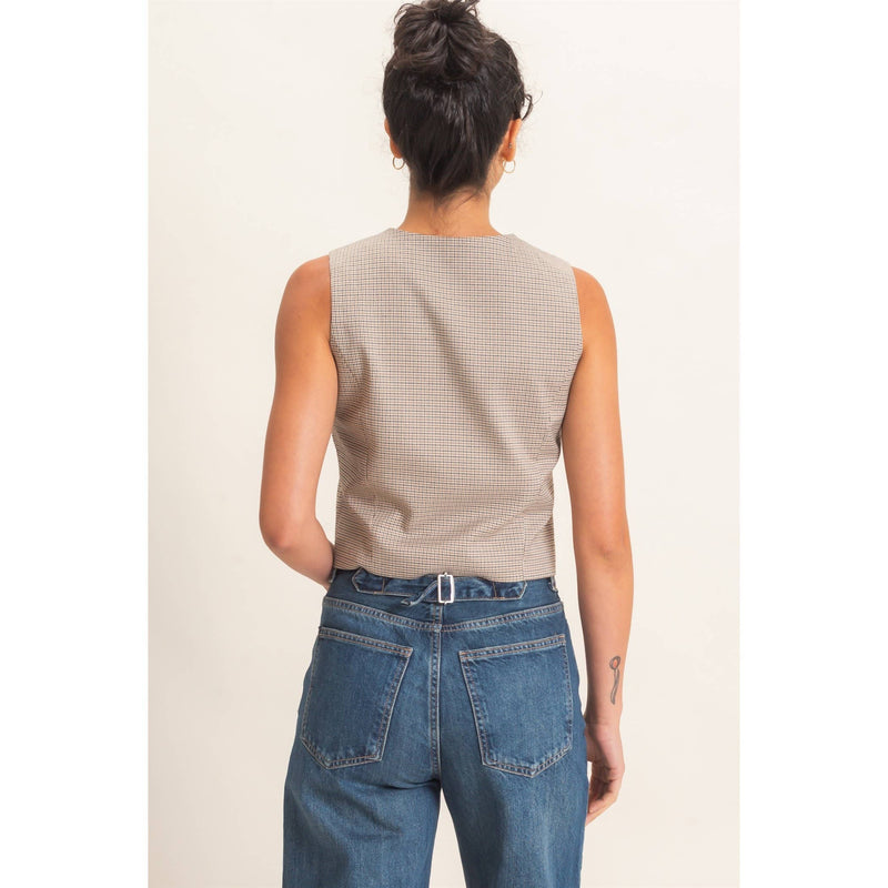 Houndstooth Buttoned Vest Top - Brown