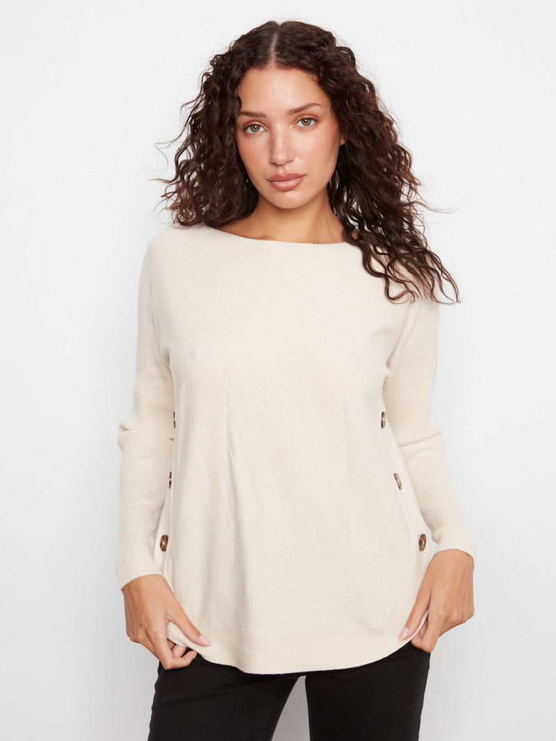 Charlie B • Long Sleeve Boat Neck Sweater W/ Side Button - Heather