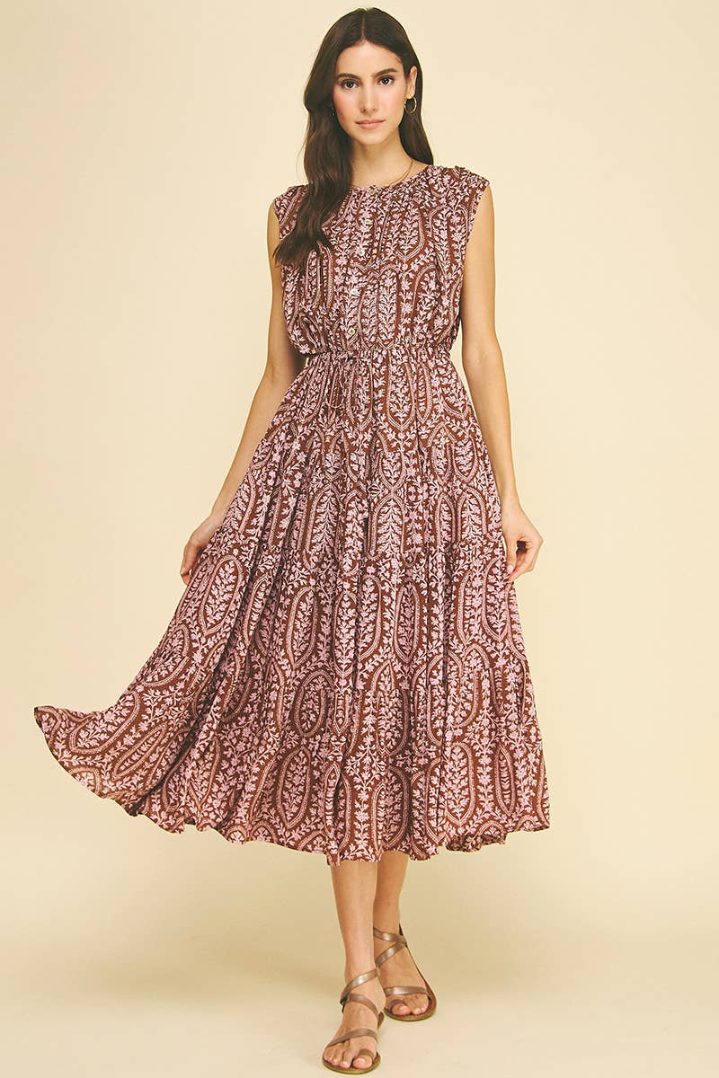 Leaf Print Midi Dress - Brown & Pink