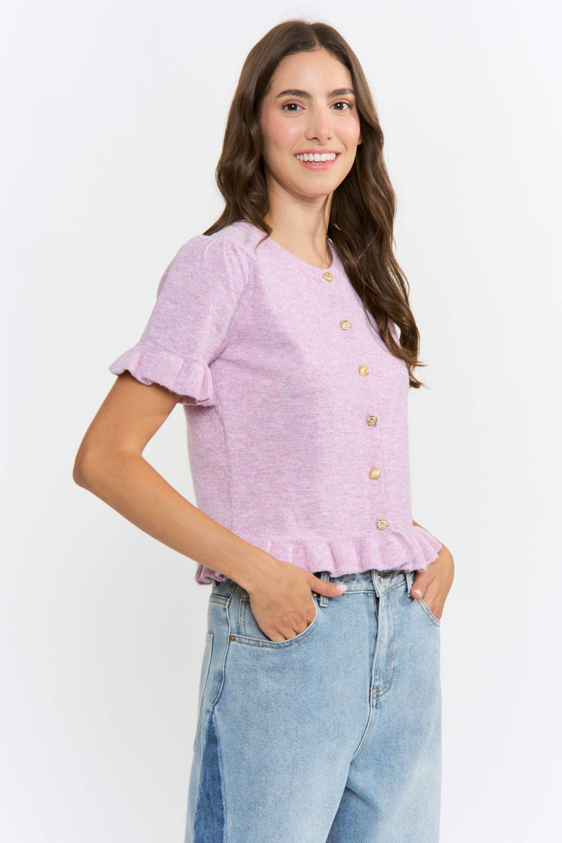 Button Up Knit Cardigan w/ Ruffled Accents - Light Purple