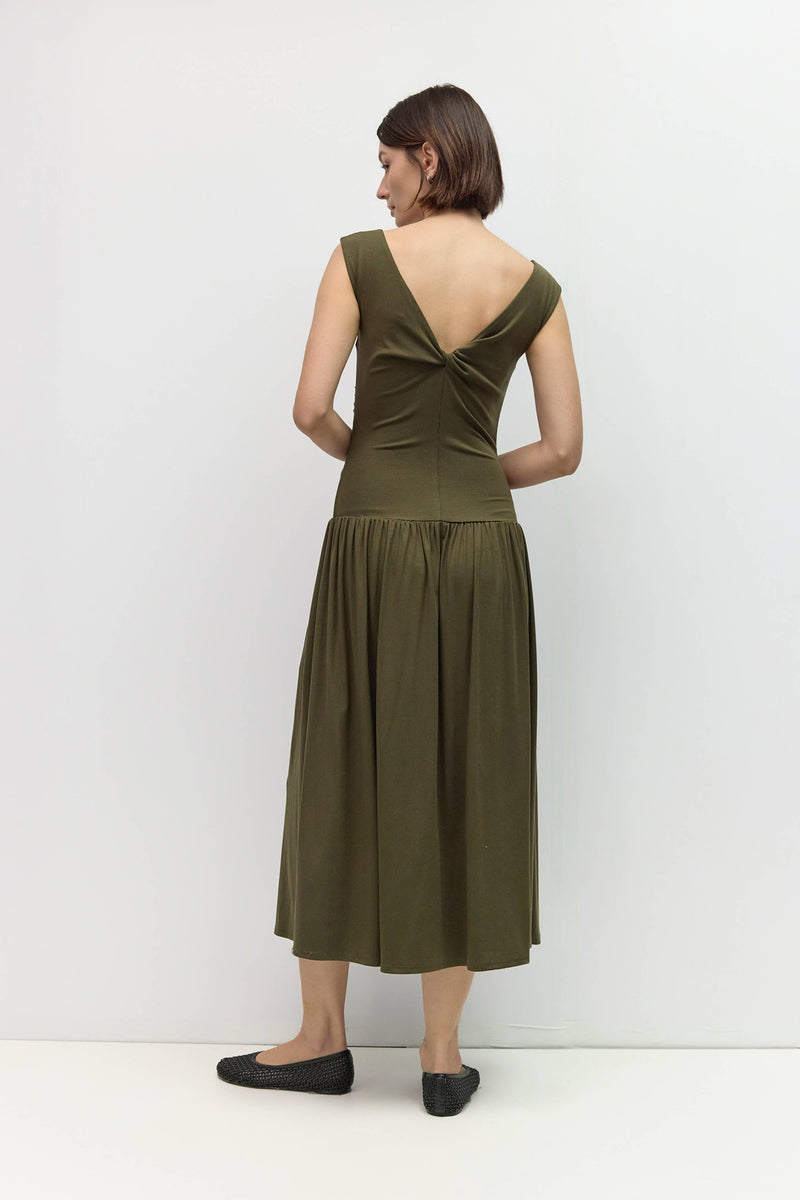 The Madilyn Dress | Wide Cowl Neck Ruched Midi Dress - Olive