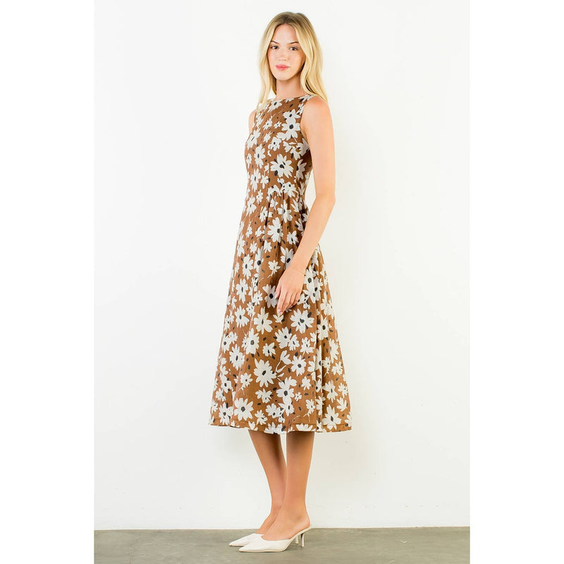 Flower Midi Dress - Brown