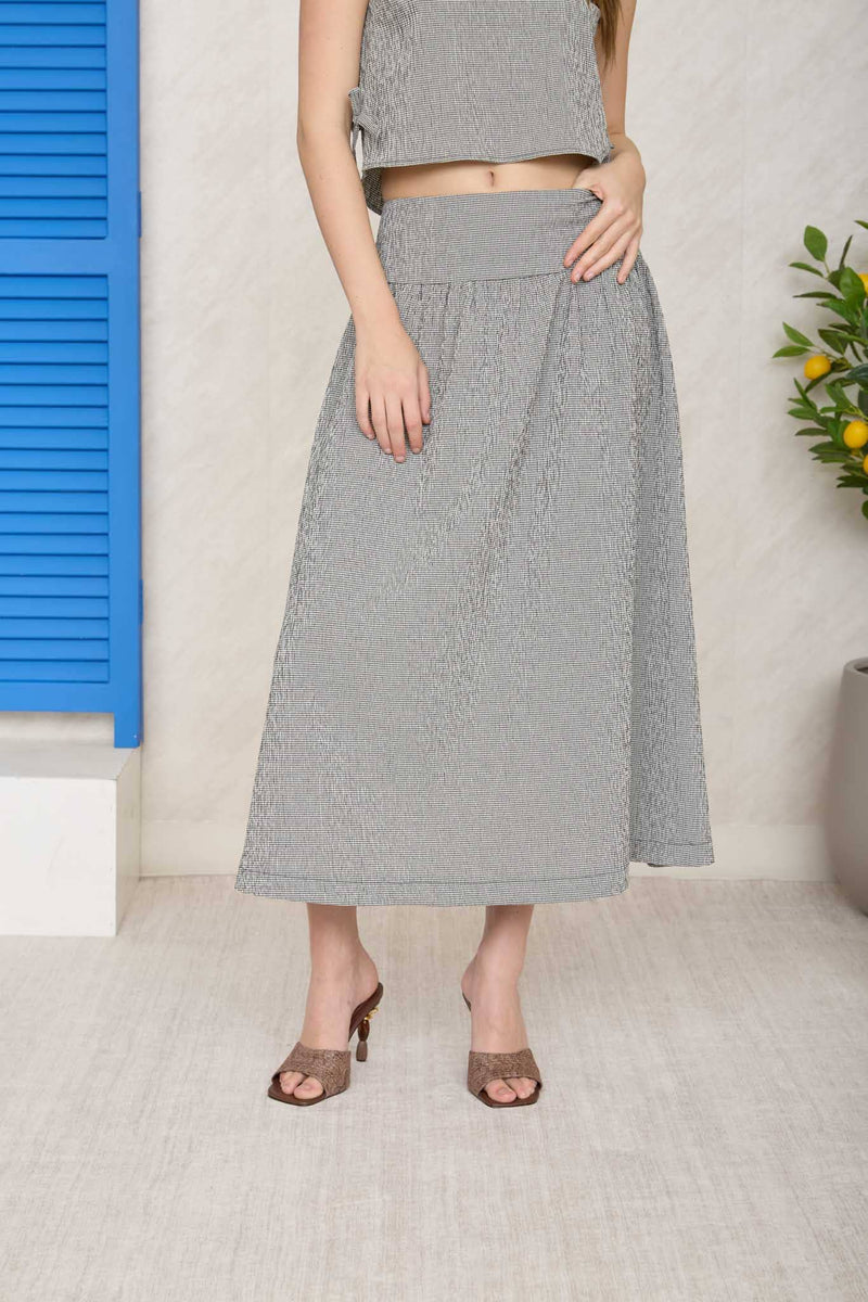 Plaid Wide Waistband Midi Skirt - Black