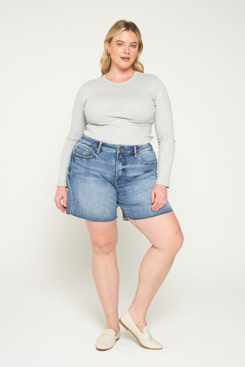 Mica • High Rise Raw Hem Shorts - Vintage Blue