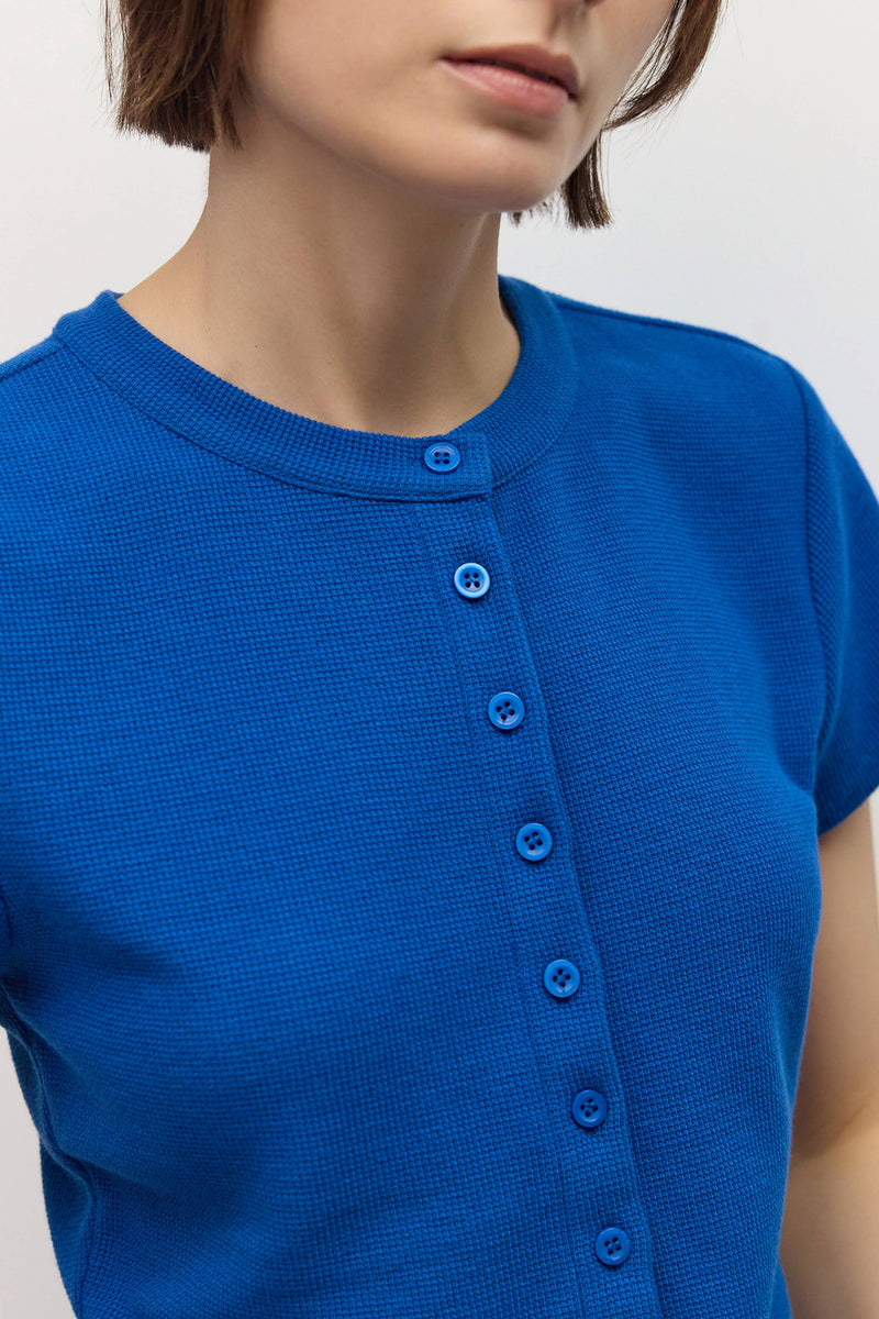 The Enzo Top | Waffle Button-Up Knit Top - Blue