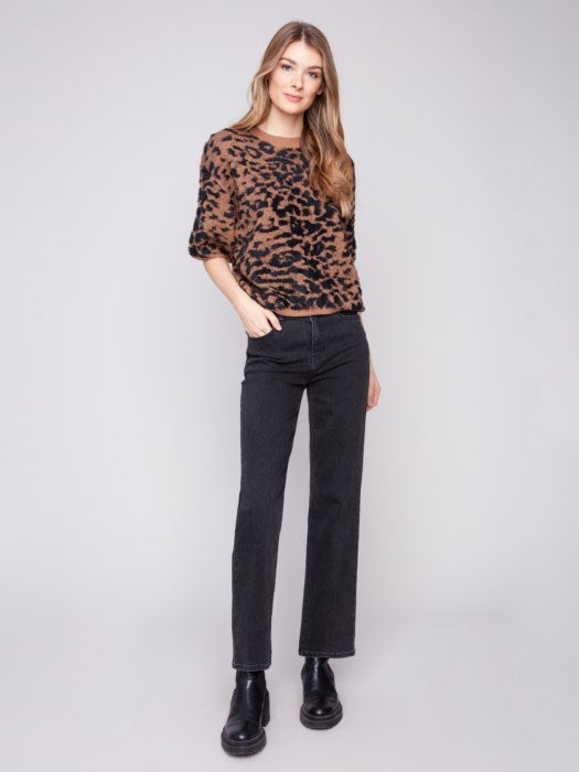 Elbow Sleeve Balloon Shape Jacquard Sweater - Leopard
