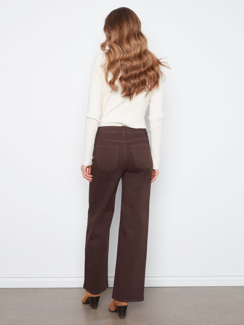 Charlie B • Wide Leg Twill Pants W/ Front Embroidery - Coffee