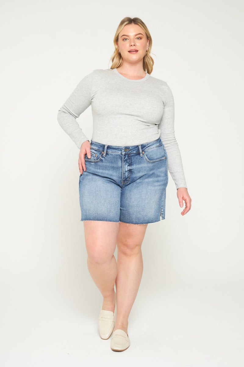 Mica • High Rise Raw Hem Shorts - Vintage Blue