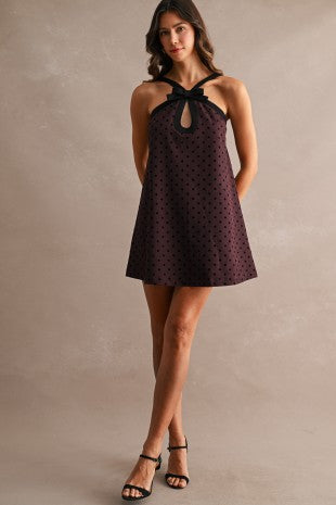 Contrast Trim Bow Polka Dot Mini Dress - Eggplant