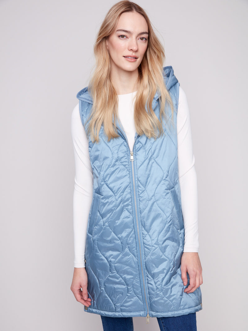 Pearlized Puffer Long Vest - Oxford