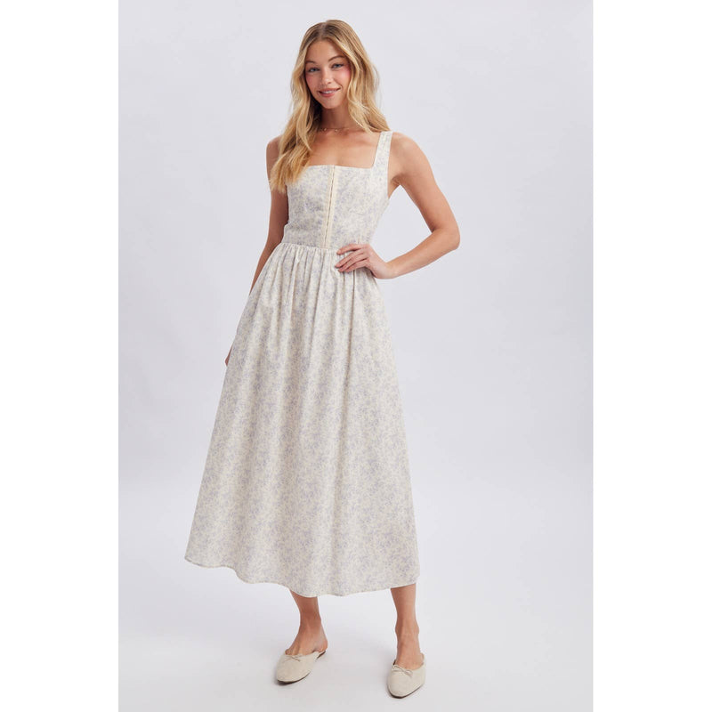 Floral Print Corset Midi Dress - Blue & Cream