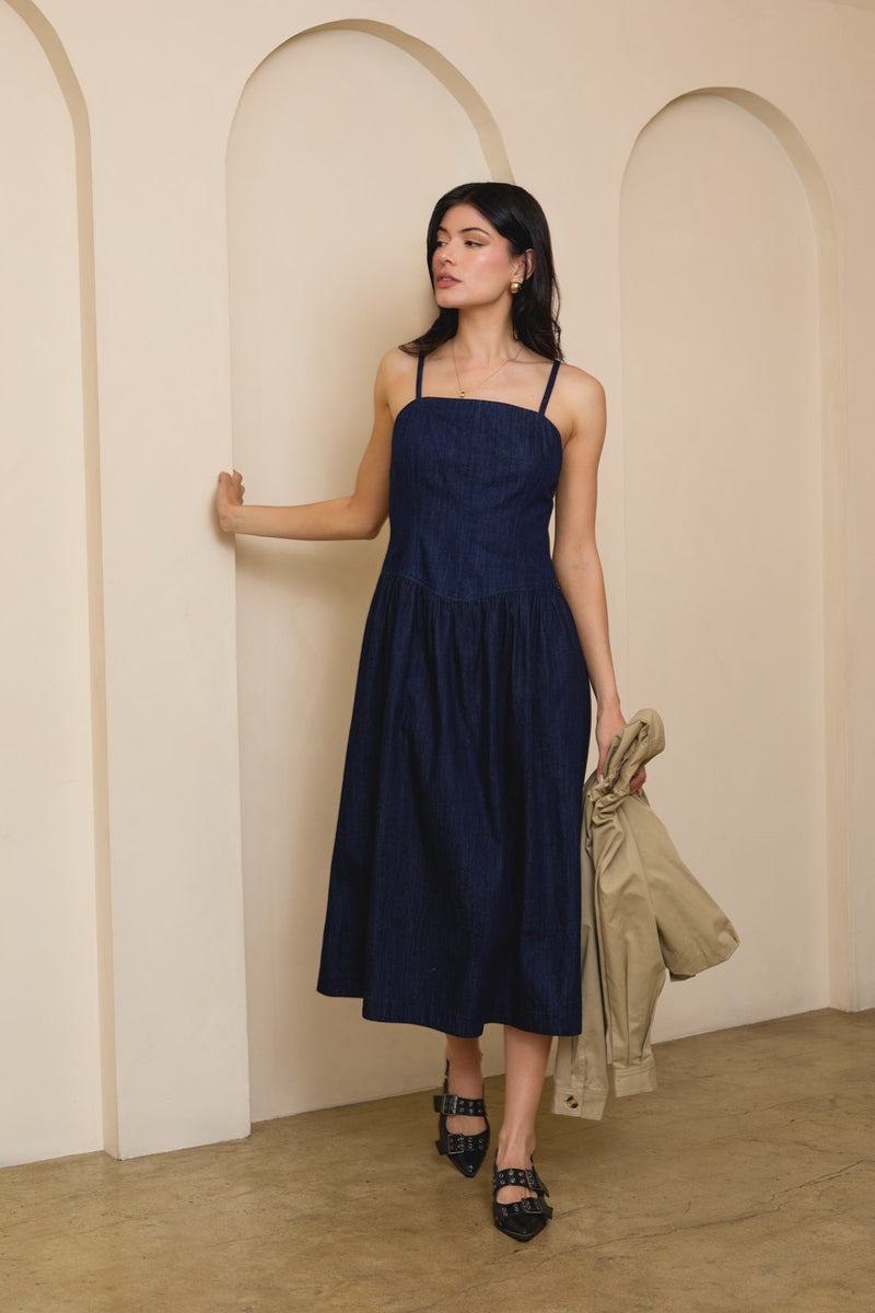 Pointy Waist Sleeveless Midi Dress - Denim