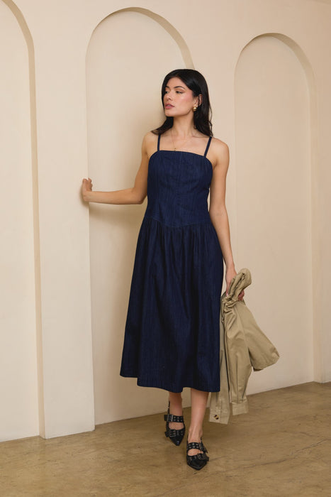 Pointy Waist Sleeveless Midi Dress - Denim