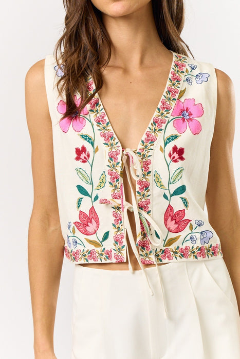 Floral Front Tie Vest - Off White & Pink