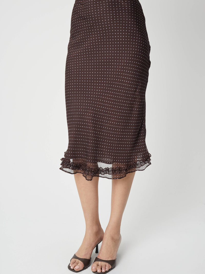 The Lauren Skirt | Chiffon Polka Dot Midi Skirt - Brown & Blue