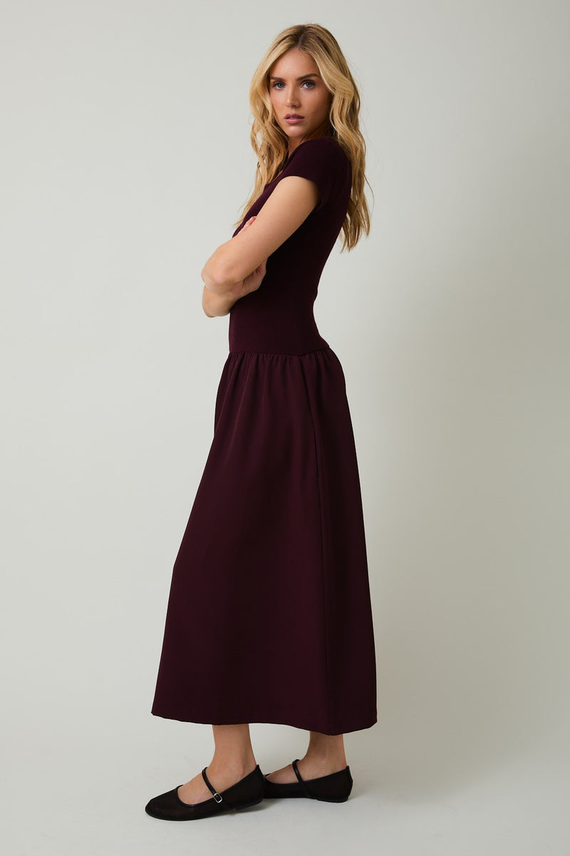 Woven Mix Midi Dress Maroon