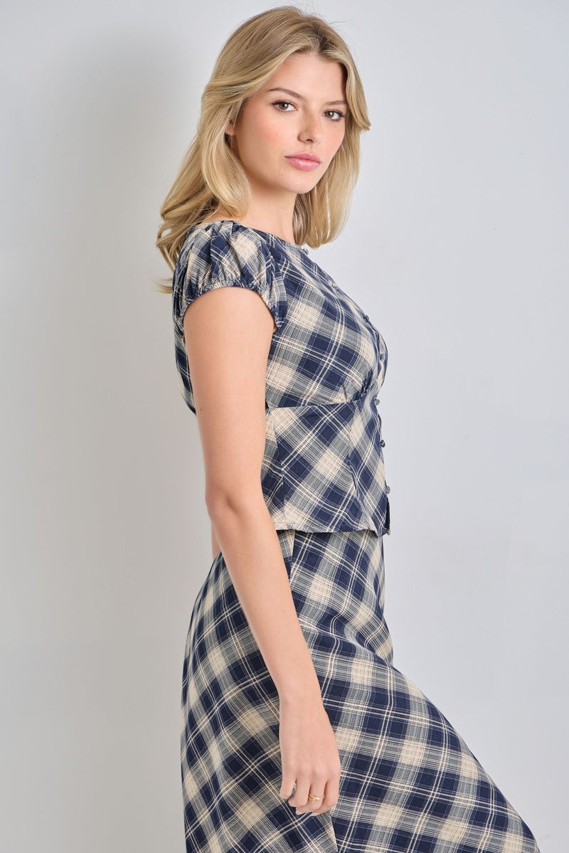 Plaid Cap Sleeve Top - Navy