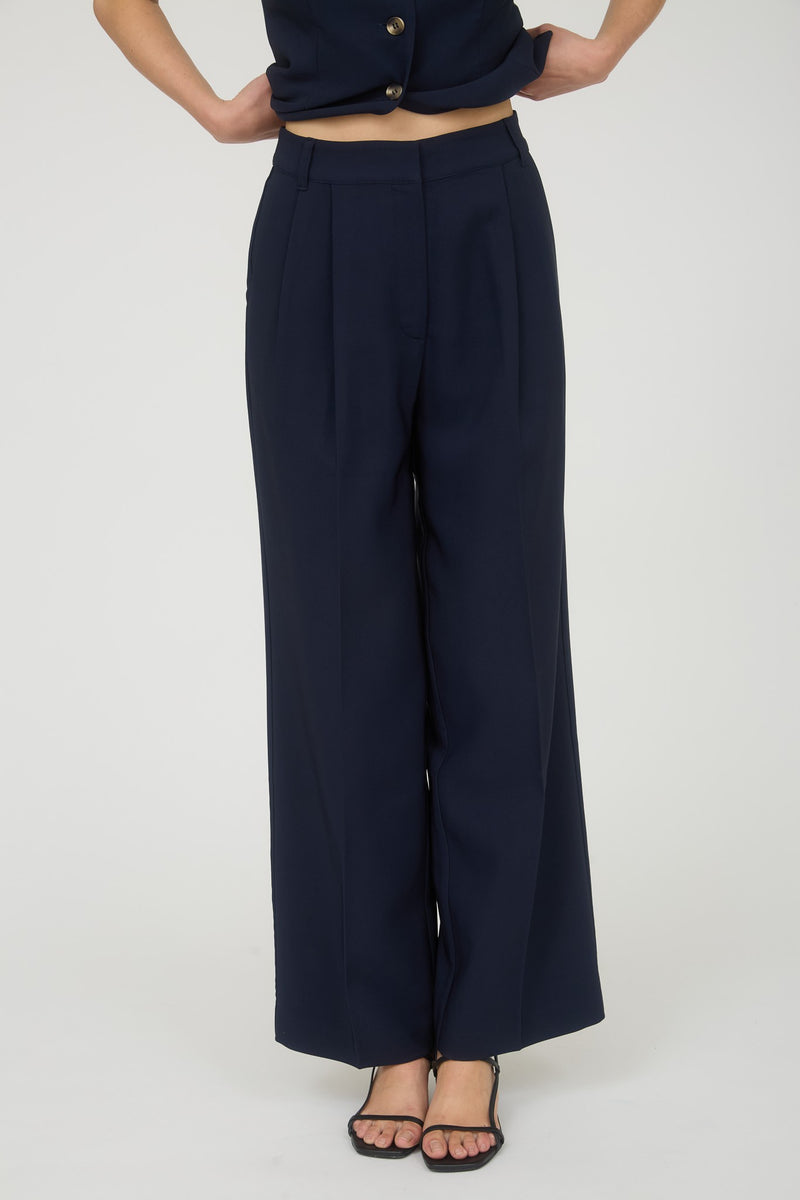 High Waist Pleated Wide Leg Dress Pants - Navy