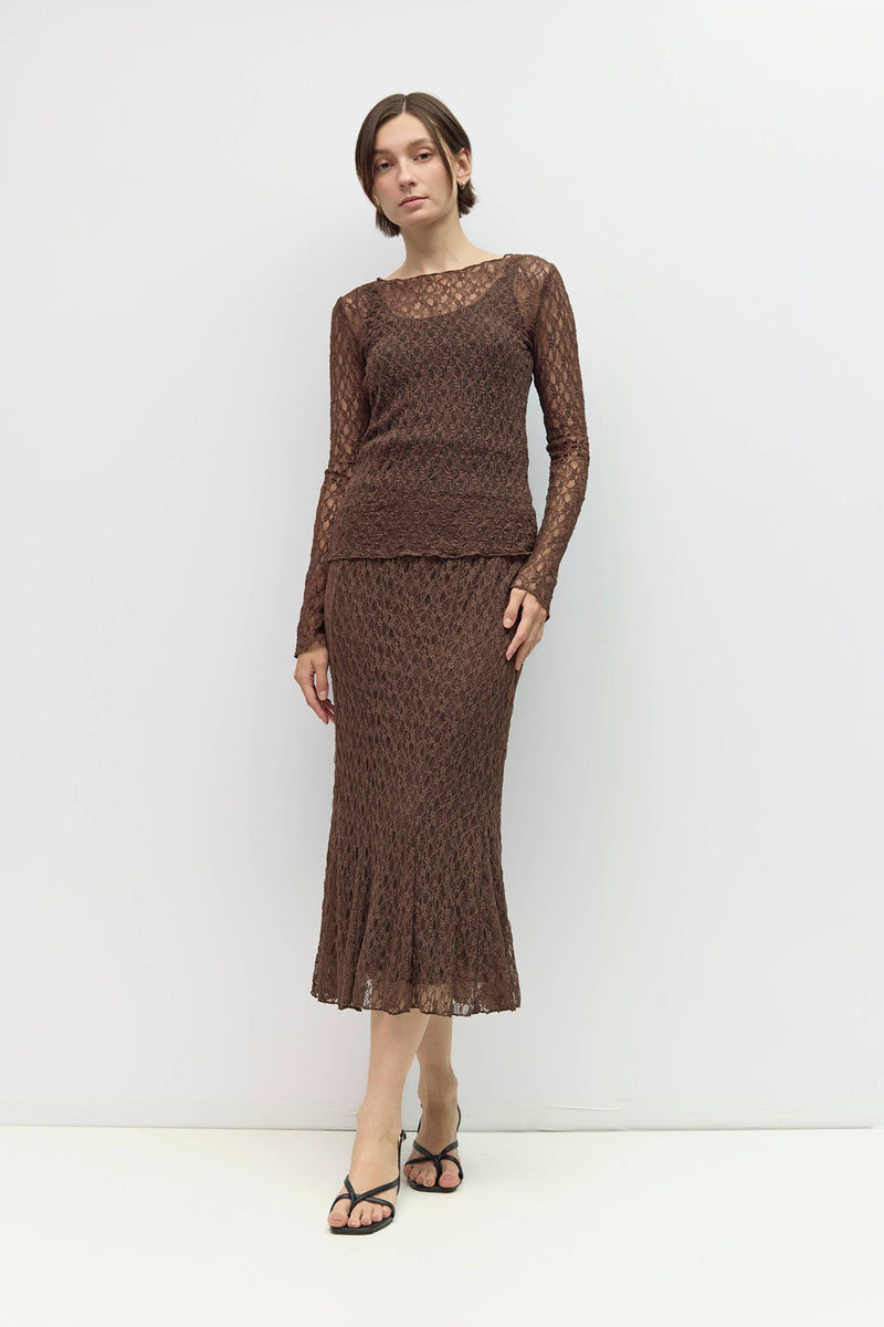 The Jaylin Skirt | Lace Flare Midi Skirt - Brown