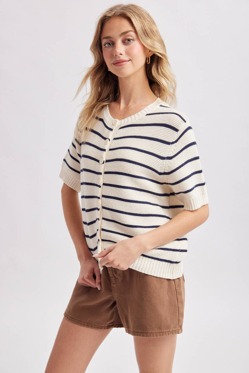Striped Short-Sleeve Sweater - Navy