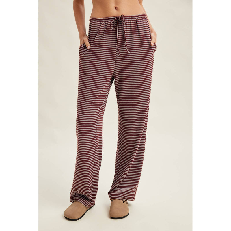 Striped Drawstring Knit Pants - Burgundy & Grey