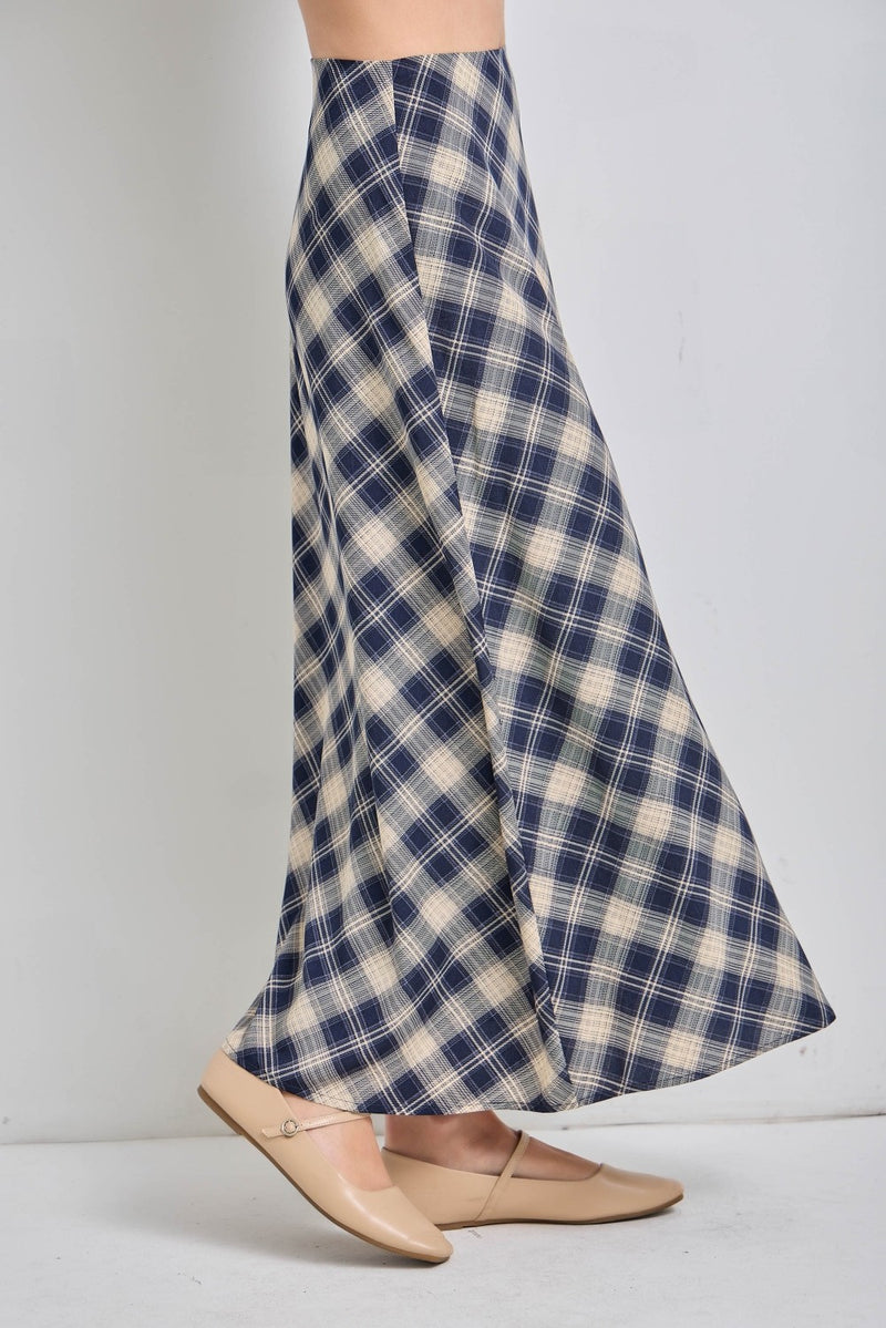Plaid Midi Skirt - Navy