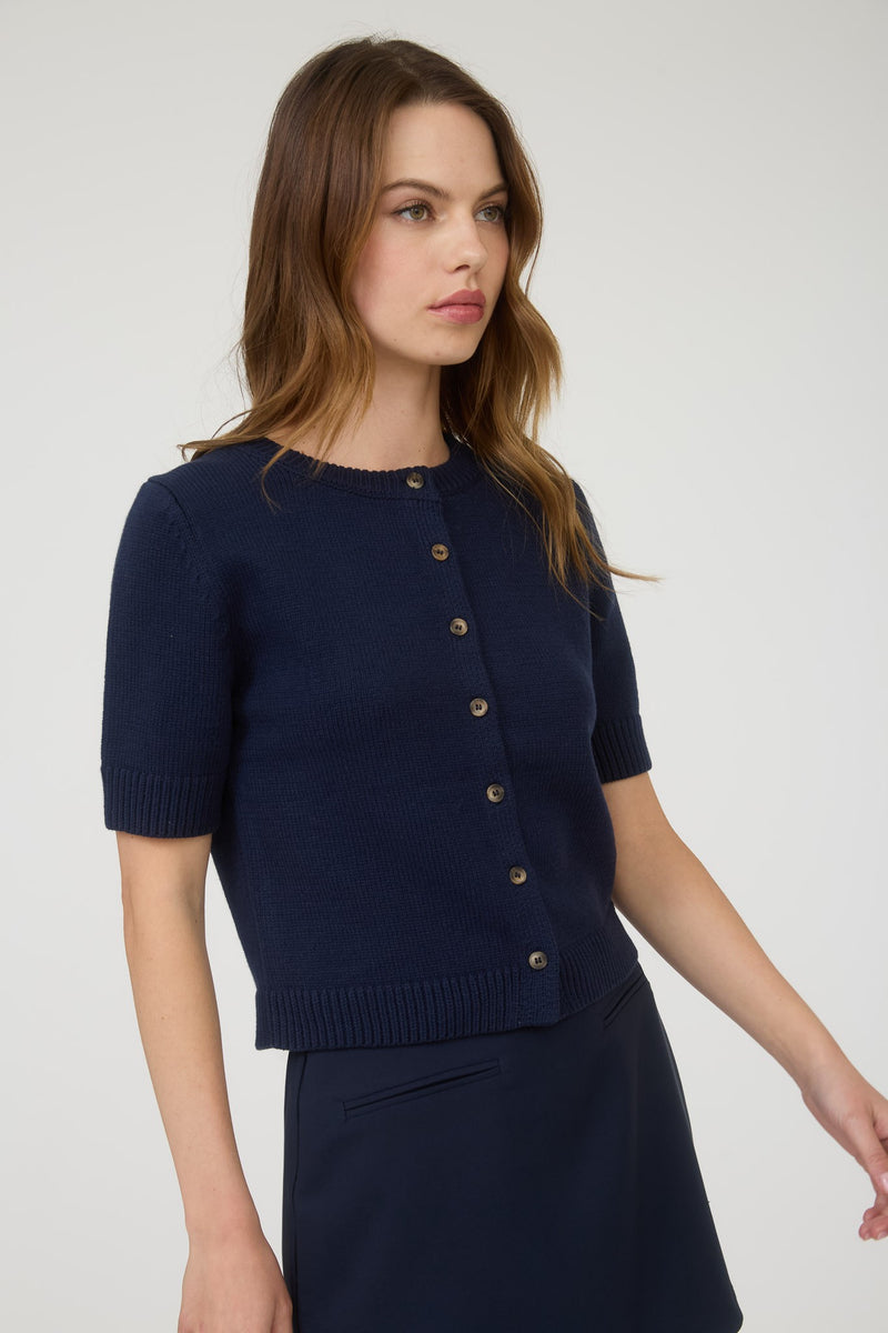 Short Sleeve Cardigan Sweater - Navy