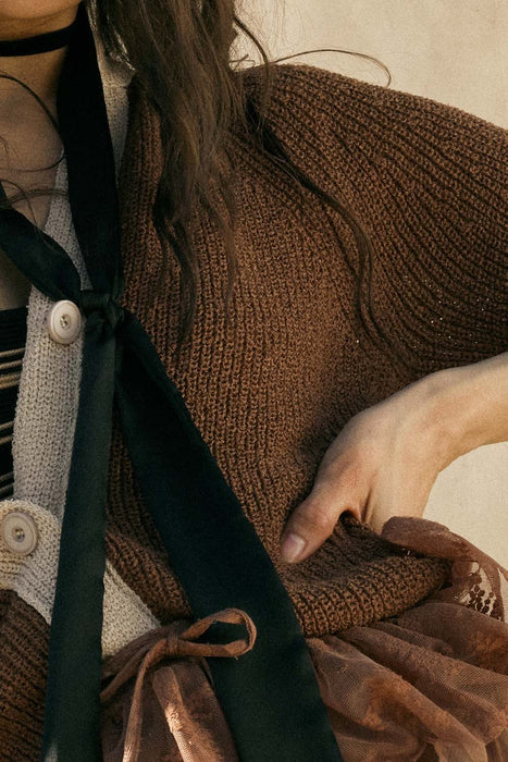 Ribbed Knit Contrast Cardigan Sweater - Sunburn