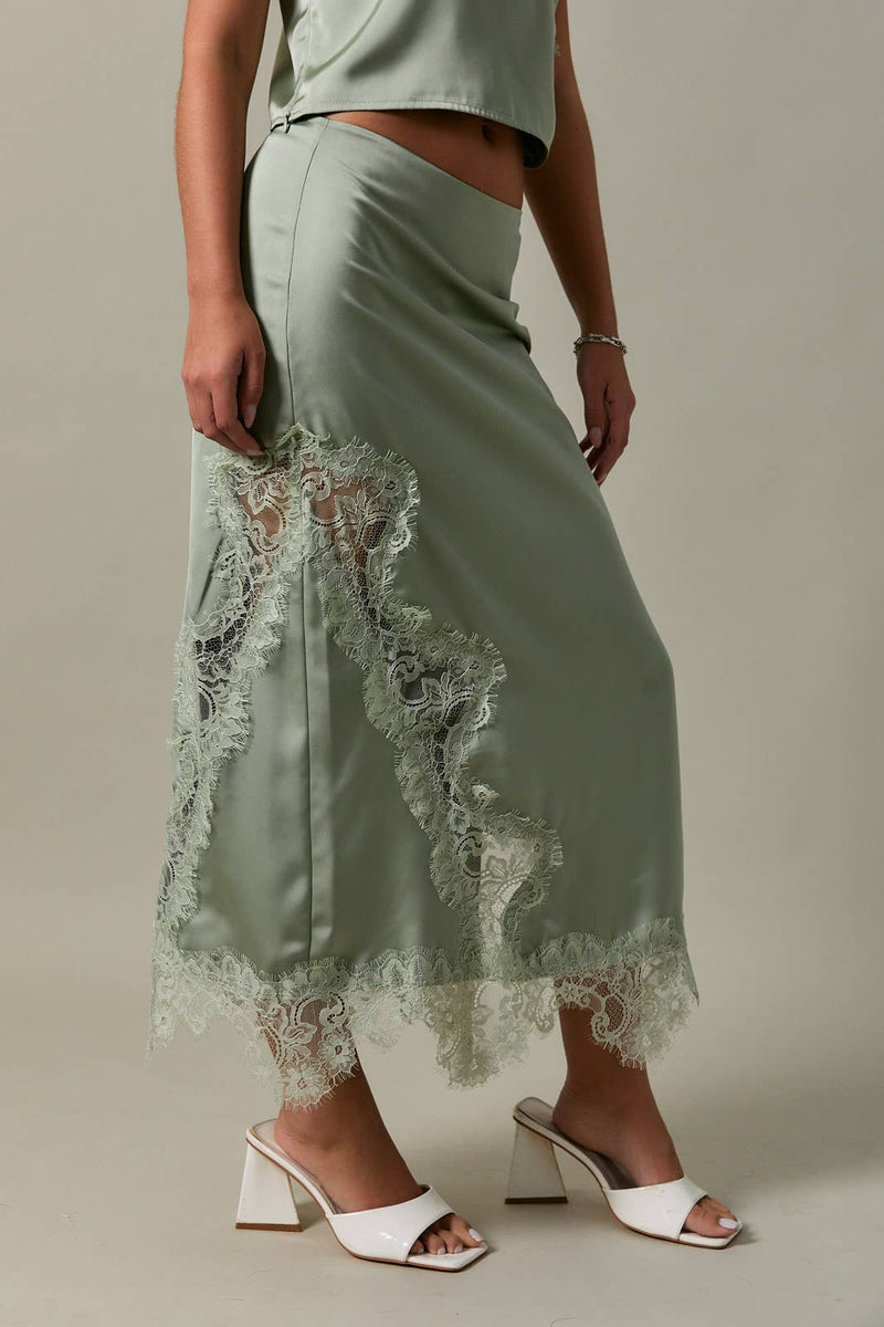 Lace Trim Satin Midi Skirt - Sage