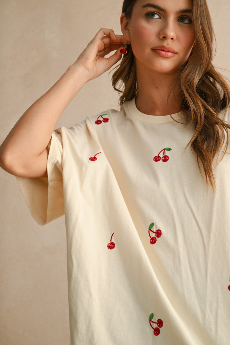 Oversized Cherry Embroidery T-Shirt - Beige