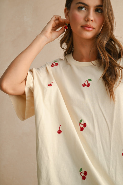 Oversized Cherry Embroidery T-Shirt - Beige