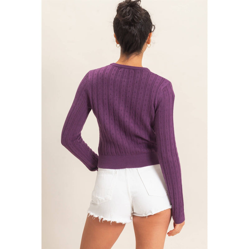 Pointelle Button Up Cardigan - Plum