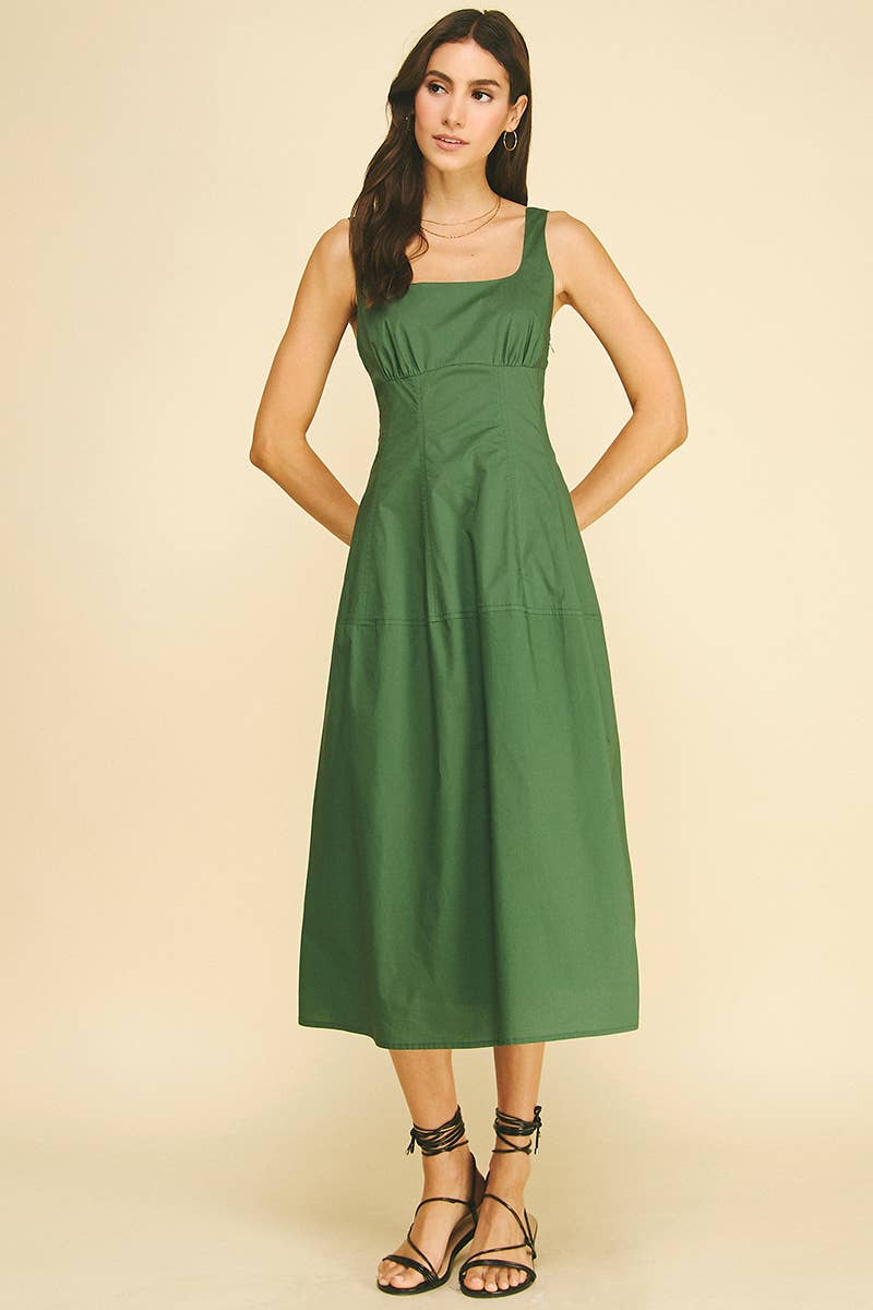 Square Neck A-Line Midi Dress - Green