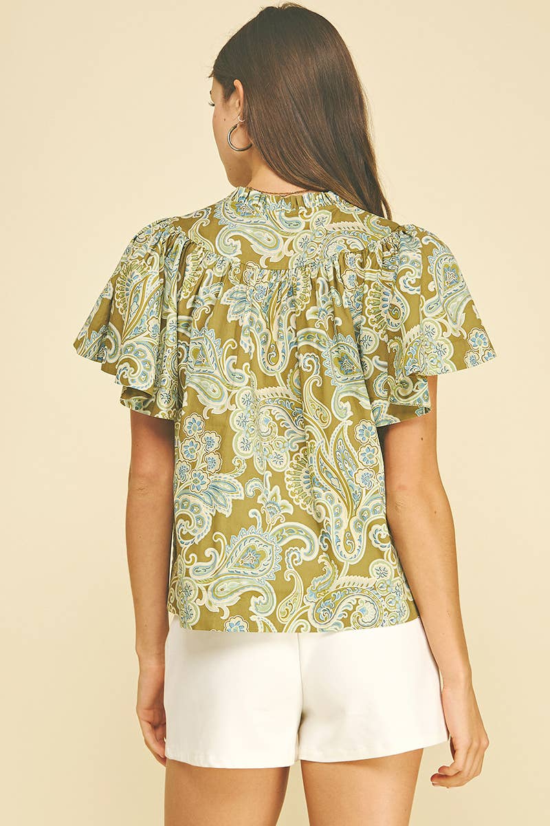 Paisley Print V-Neck Blouse - Khaki