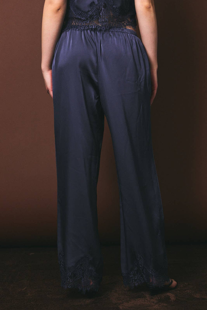 Elastic Waist Lace Trim Wide Leg Pants - Dusty Blue