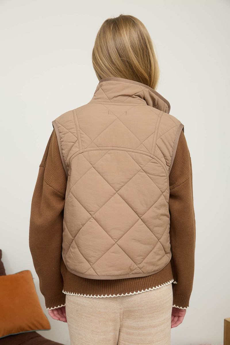 Snap Button Quilted Puffer Vest - Mocha